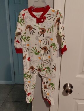 Children's White Handprint Cotton One-Piece with Red Trim -